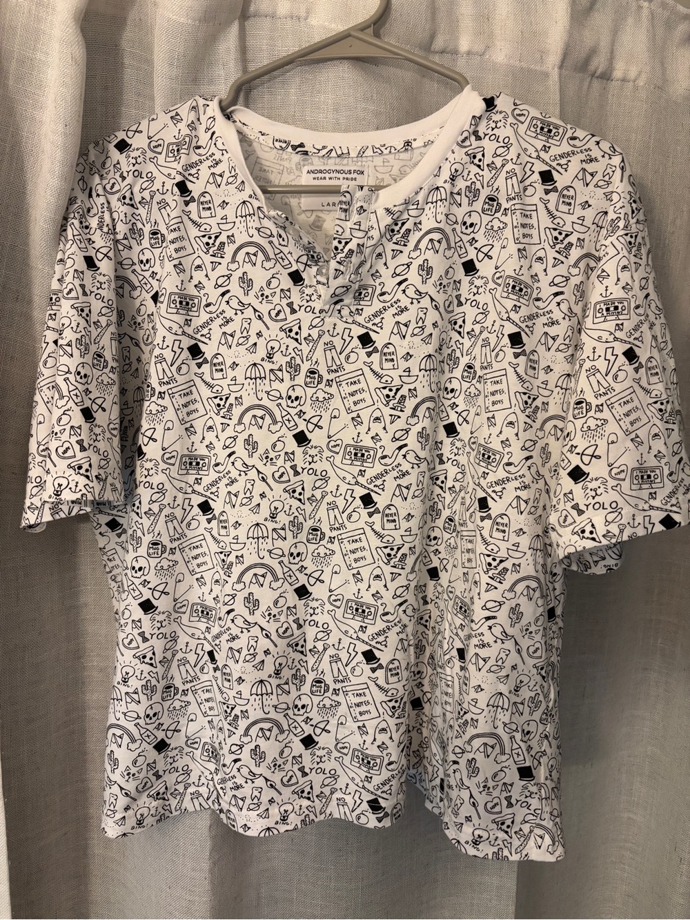 Androgynous Fox White Graphic Button Henley with Black Doodle Print